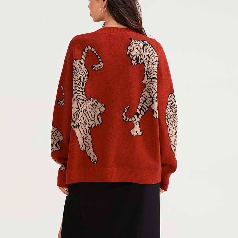 Tiger Print Cardigan Sweaters for Women Button Up Y2k